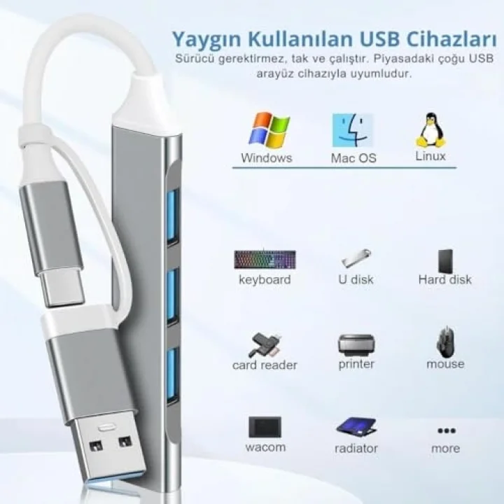 3360 Usb 3.0 Type C Hub 4 Port Çoklayıcı Çoğaltıcı Çevirici Dönüştürücü Adaptör 2si 1 Arada USB & Type-C 4 Portlu Hub USB Type-A & USB Type-C (Hibrit Tasarım) 5 Gbps (USB 3.0 Destekli)