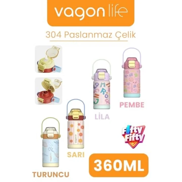 360 ML Çocuk Termosu Tek Kapak Çift Kullanım Pipetli Rahat İçim Kulplu Paslanmaz Çelik Termos 1104-360ML Turuncu
