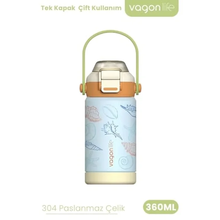 360 ML Çocuk Termosu Tek Kapak Çift Kullanım Pipetli Rahat İçim Kulplu Paslanmaz Çelik Termos 1104-360ML Turuncu