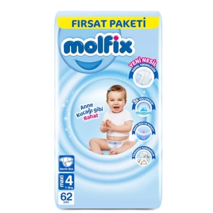 3D Bebek Bezi Maxi 4 Beden, Fırsat Paketi 62 Adet