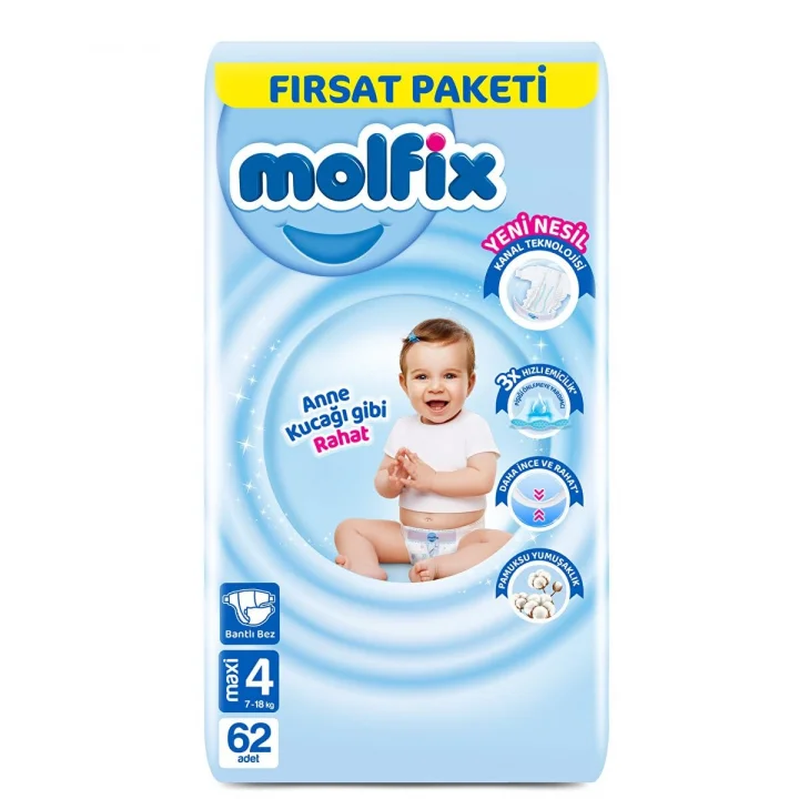 3D Bebek Bezi Maxi 4 Beden, Fırsat Paketi 62 Adet