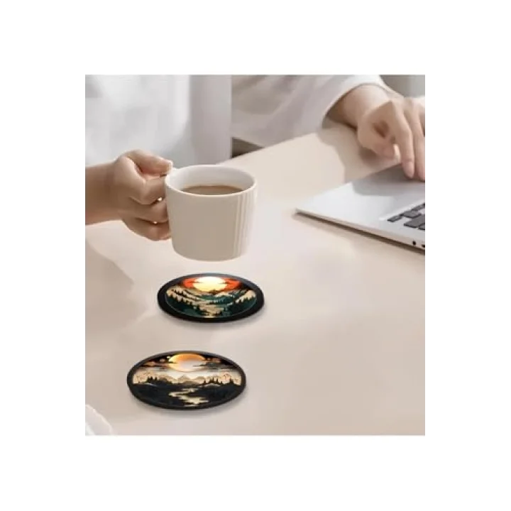 3D Dağ ve Gün Batımı Temalı 6’lı MDF Bardak Altlığı Seti – 10 cm BRD-032