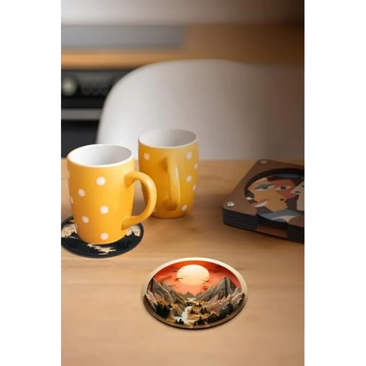 3D Dağ ve Gün Batımı Temalı 6’lı MDF Bardak Altlığı Seti – 10 cm BRD-032