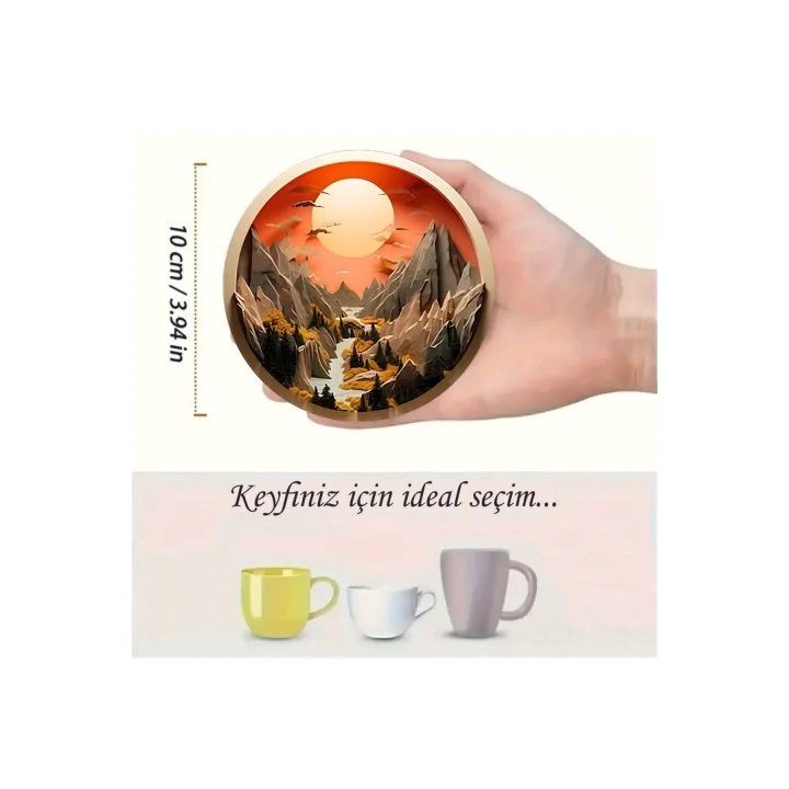 3D Dağ ve Gün Batımı Temalı 6’lı MDF Bardak Altlığı Seti – 10 cm BRD-032