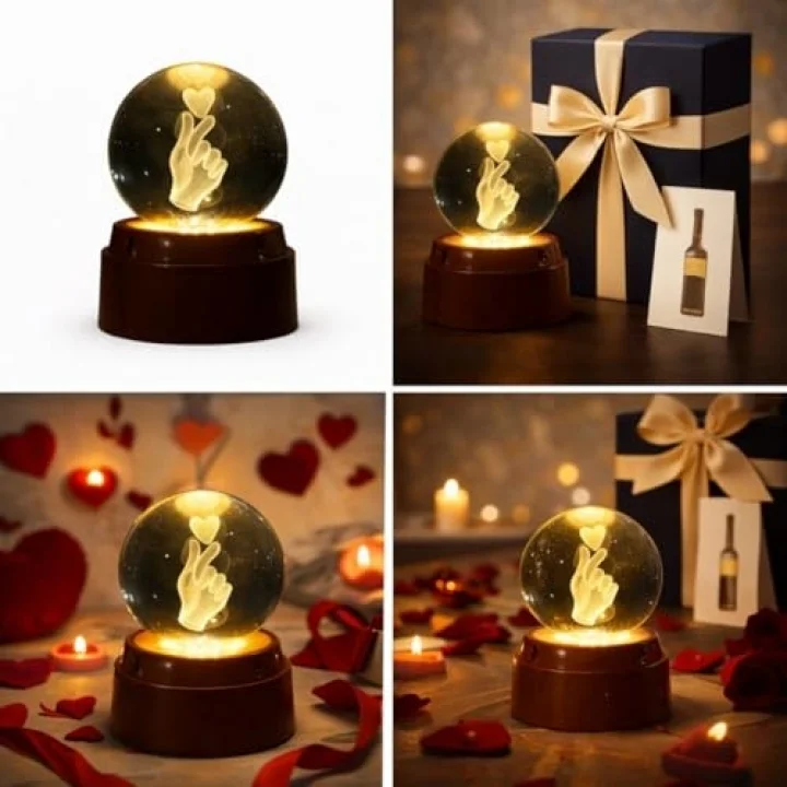 3D Kristal Küre Gece Lambası, Parmak Kalp Tasarımlı, LED Aydınlatmalı, Ahşap Tabanlı, Romantik Hediye