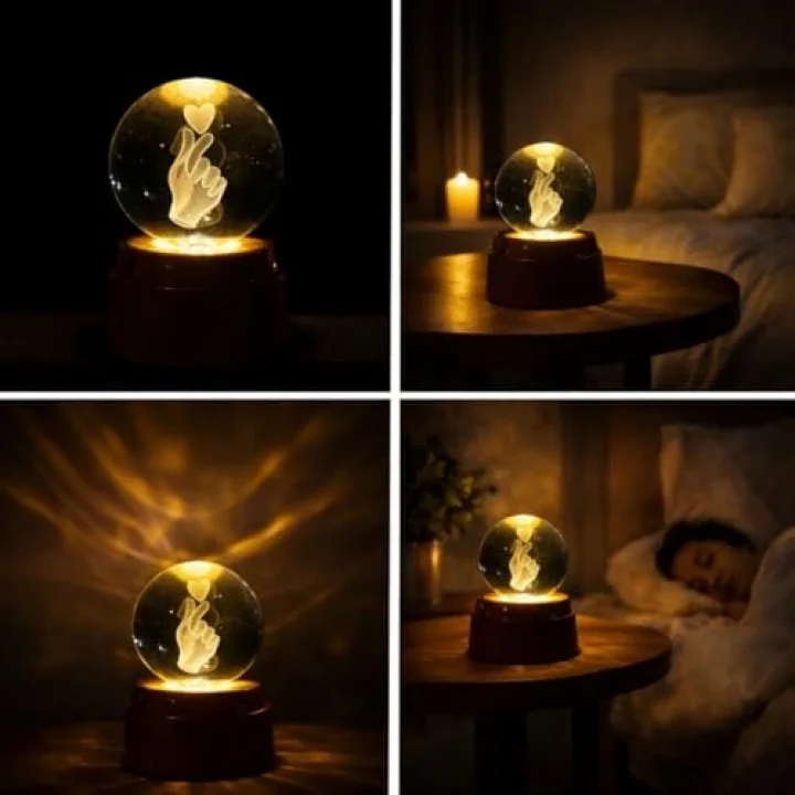 3D Kristal Küre Gece Lambası, Parmak Kalp Tasarımlı, LED Aydınlatmalı, Ahşap Tabanlı, Romantik Hediye