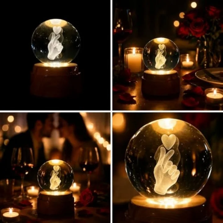 3D Kristal Küre Gece Lambası, Parmak Kalp Tasarımlı, LED Aydınlatmalı, Ahşap Tabanlı, Romantik Hediye