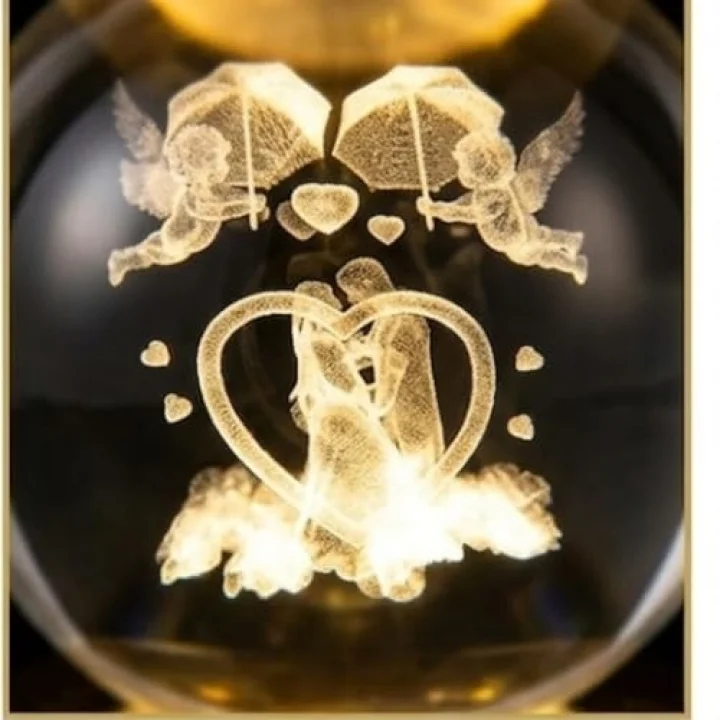 3D Lazer Kazımalı Kristal Top Gece Lambası, Altın Rengi Tabanlı, USB Bağlantılı, Romantik Çift Temalı, Masa Dekoru