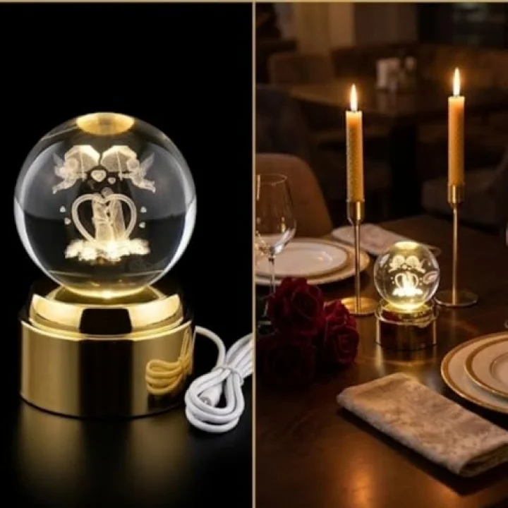 3D Lazer Kazımalı Kristal Top Gece Lambası, Altın Rengi Tabanlı, USB Bağlantılı, Romantik Çift Temalı, Masa Dekoru