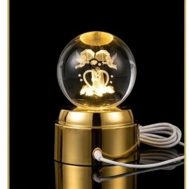 3D Lazer Kazımalı Kristal Top Gece Lambası, Altın Rengi Tabanlı, USB Bağlantılı, Romantik Çift Temalı, Masa Dekoru
