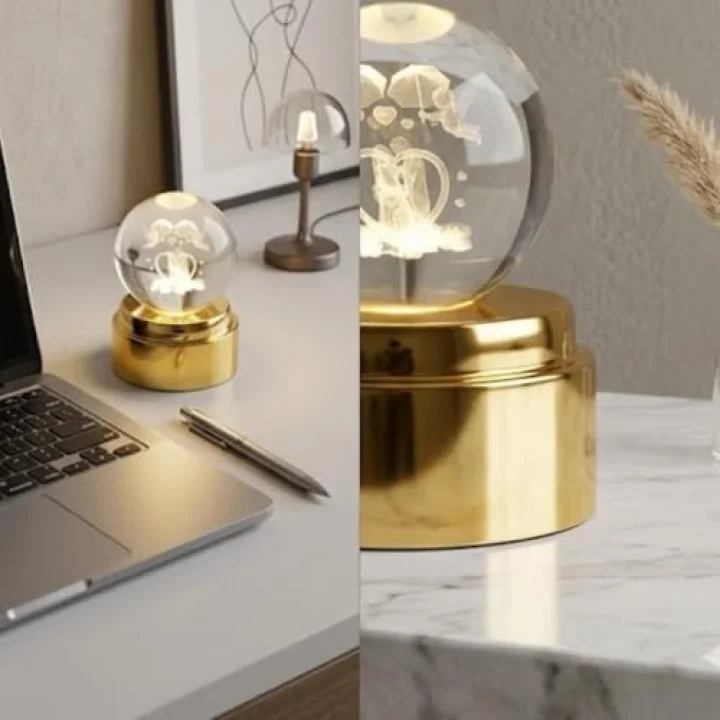 3D Lazer Kazımalı Kristal Top Gece Lambası, Altın Rengi Tabanlı, USB Bağlantılı, Romantik Çift Temalı, Masa Dekoru