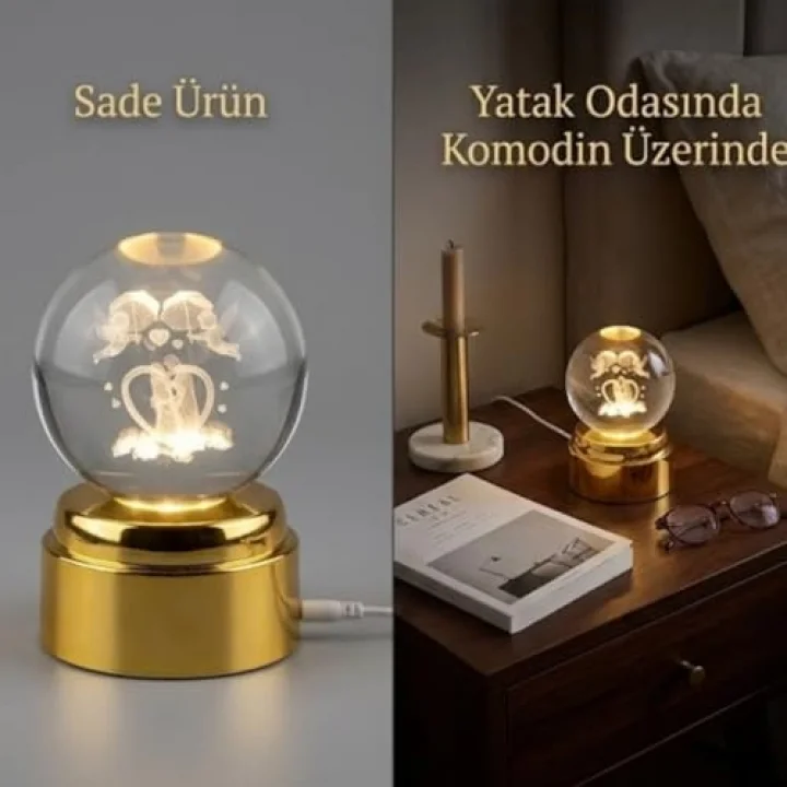 3D Lazer Kazımalı Kristal Top Gece Lambası, Altın Rengi Tabanlı, USB Bağlantılı, Romantik Çift Temalı, Masa Dekoru