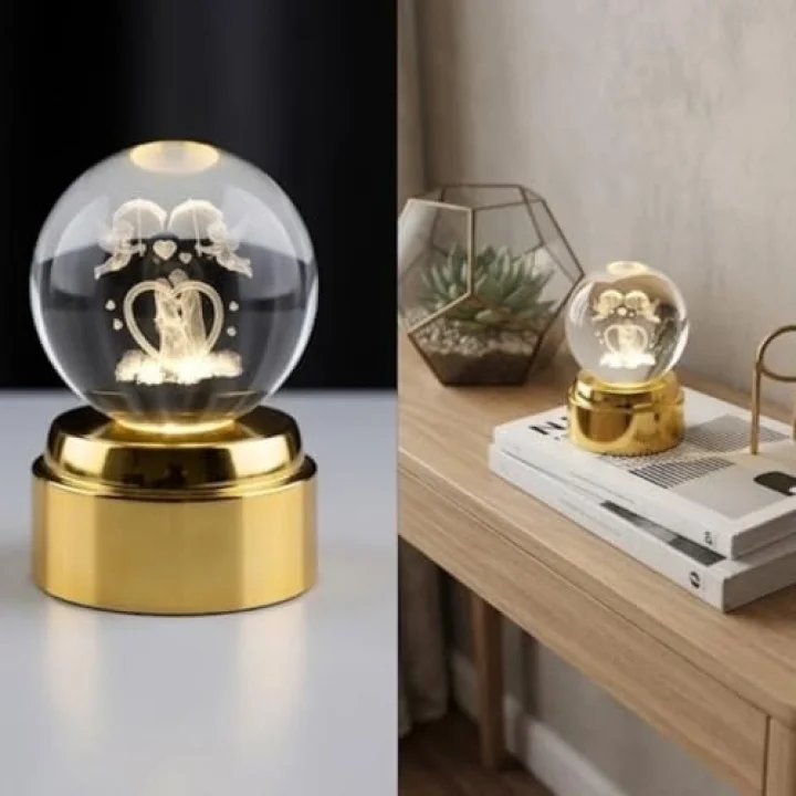 3D Lazer Kazımalı Kristal Top Gece Lambası, Altın Rengi Tabanlı, USB Bağlantılı, Romantik Çift Temalı, Masa Dekoru