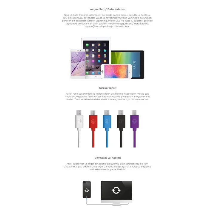 3Dk33 Micro USB Kablosu, 1 metre,Mavi