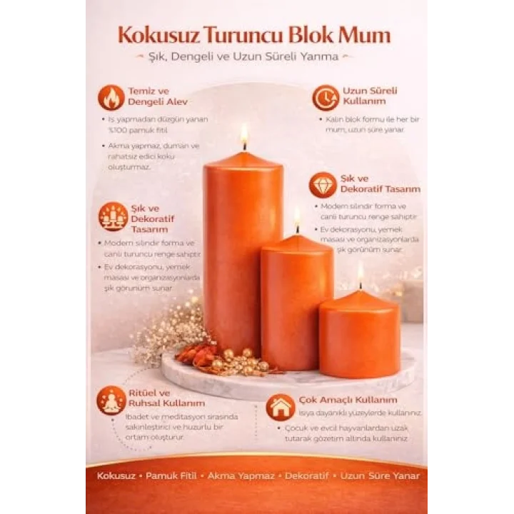 3’lü Dekoratif Silindir Blok Mum Seti,Turuncu Renk, İçten Yanan Fitilli Sütun Mumlar, 7 cm Çap, 7 cm, 10 cm, 15 cm Yükseklik, Ev Dekorasyonu, Masa ve Özel Gün Ambiyans Mumları