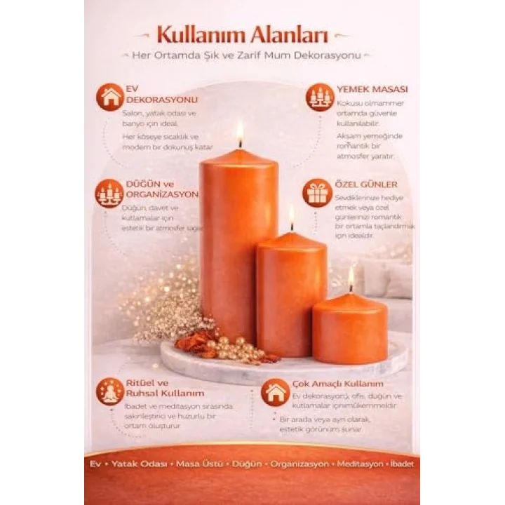 3’lü Dekoratif Silindir Blok Mum Seti,Turuncu Renk, İçten Yanan Fitilli Sütun Mumlar, 7 cm Çap, 7 cm, 10 cm, 15 cm Yükseklik, Ev Dekorasyonu, Masa ve Özel Gün Ambiyans Mumları