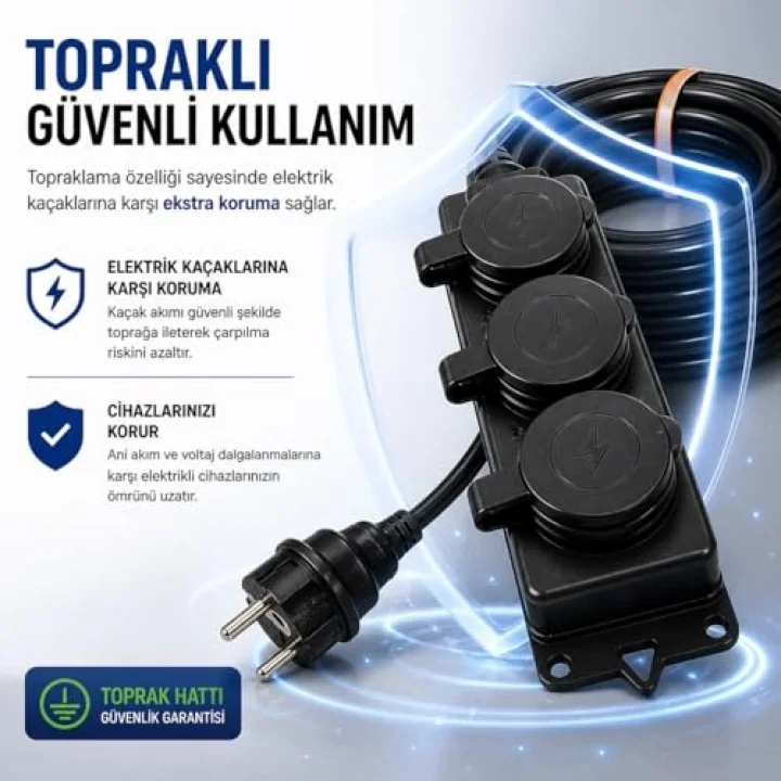 3’lü Grup Priz 3x2.5mm TTR Topraklı Siyah Kauçuk Uzatma Kablosu (15 METRE)