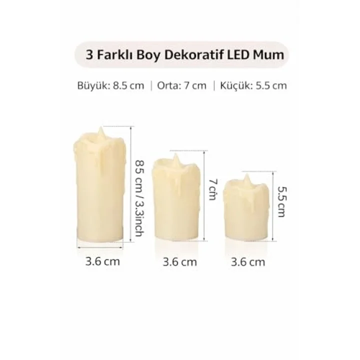 3’lü Pilli Dekoratif LED Mum Işıkları – Gerçek Alev Efektli