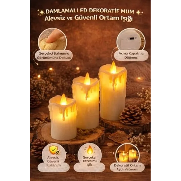 3’lü Pilli Dekoratif LED Mum Işıkları – Gerçek Alev Efektli