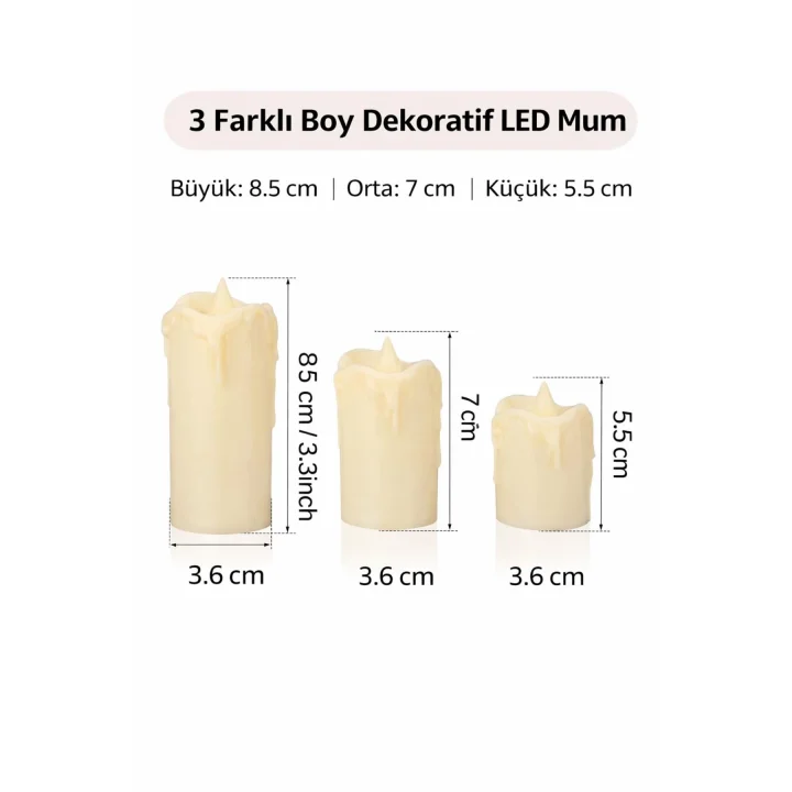 3’lü Pilli Dekoratif LED Mum Işıkları – Gerçek Alev Efektli