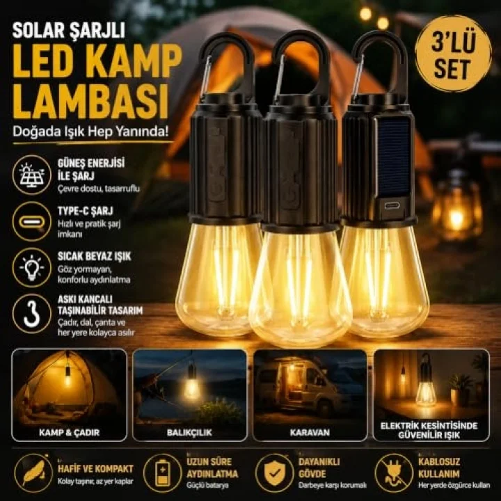 3’lü Set Solar Şarjlı LED Kamp Lambası, Type-C Şarj Girişli Sıcak Beyaz Işıklı Askı Kancalı Taşınabilir Ampul, Kamp Çadır Karavan Bahçe ve Elektrik Kesintisi İçin