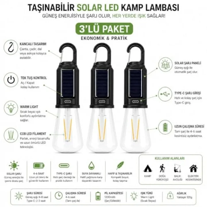 3’lü Set Solar Şarjlı LED Kamp Lambası, Type-C Şarj Girişli Sıcak Beyaz Işıklı Askı Kancalı Taşınabilir Ampul, Kamp Çadır Karavan Bahçe ve Elektrik Kesintisi İçin