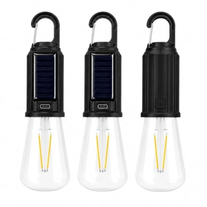 3’lü Set Solar Şarjlı LED Kamp Lambası, Type-C Şarj Girişli Sıcak Beyaz Işıklı Askı Kancalı Taşınabilir Ampul, Kamp Çadır Karavan Bahçe ve Elektrik Kesintisi İçin