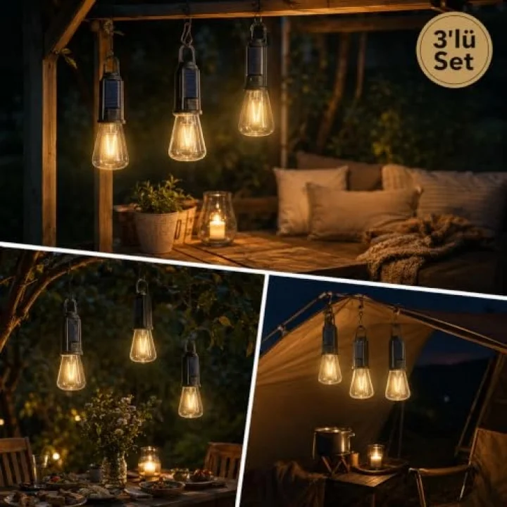 3’lü Set Solar Şarjlı LED Kamp Lambası, Type-C Şarj Girişli Sıcak Beyaz Işıklı Askı Kancalı Taşınabilir Ampul, Kamp Çadır Karavan Bahçe ve Elektrik Kesintisi İçin