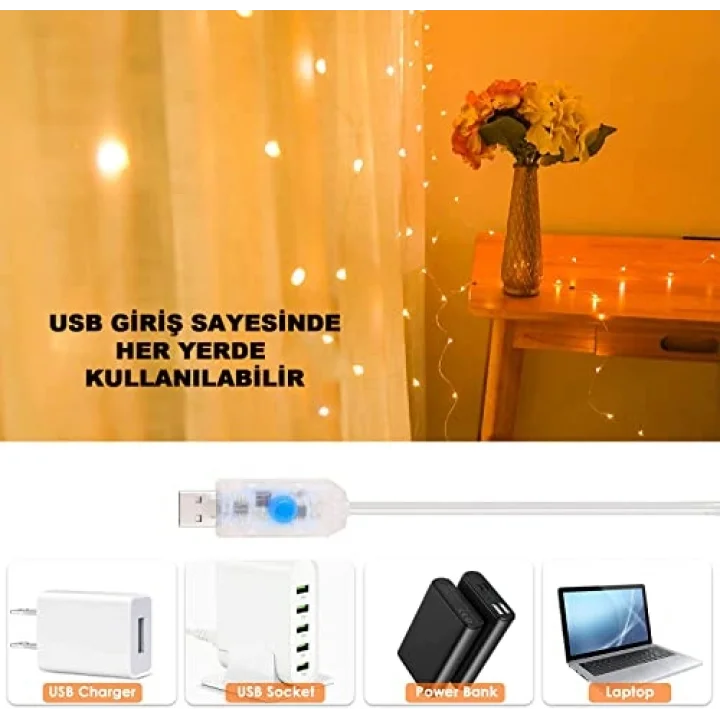 3x3 Metre Peri Led Kumandalı Perde Asma Kancalı Peri Led Yılbaşı Led Gün Işığı Led Işık 8 Modlu Parti Işığı Dekoratif Işık Led Saçak Led Işık Perde Led Yılbaşı Dekorasyon