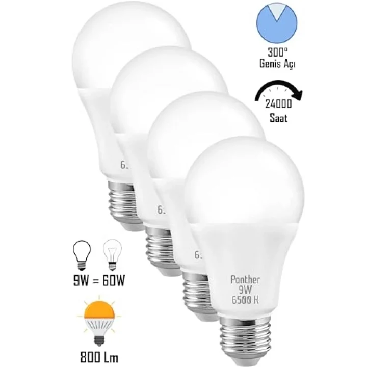 4 ADET 9W Beyaz LED E27 Ampul Tasarruflu Lamba 6500 K Beyaz Işık 800 Lümen 9W=60W
