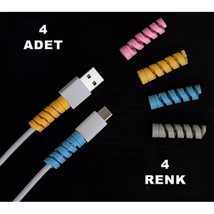 4 Adet Spiral Esnek Silikon Kablo Koruyucu iPhone - Micro USB ve TYPE-C ve Diğer Tüm Kablolar İçin Uygun Kablo Koruyucu 4 Farklı Renk