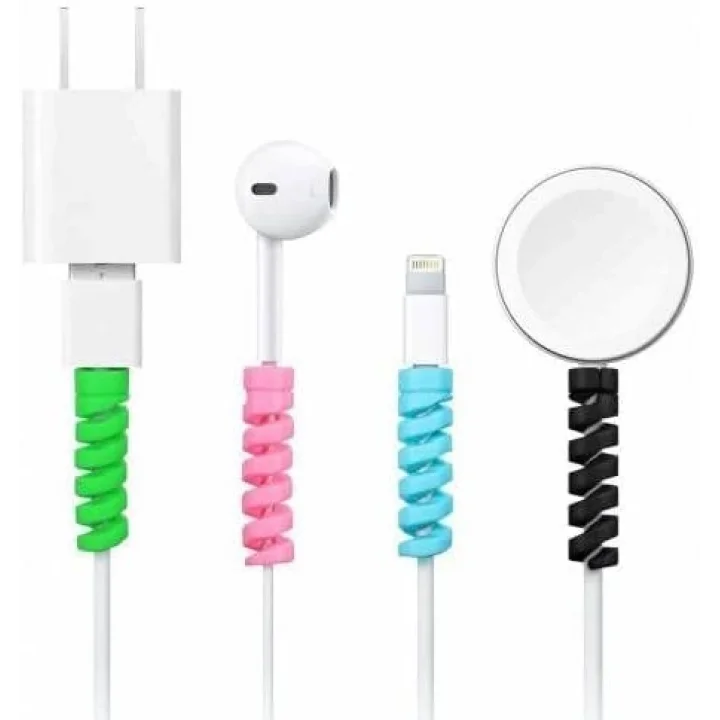 4 Adet Spiral Esnek Silikon Kablo Koruyucu iPhone - Micro USB ve TYPE-C ve Diğer Tüm Kablolar İçin Uygun Kablo Koruyucu 4 Farklı Renk