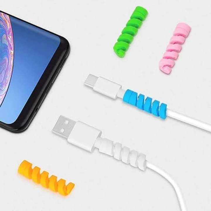 4 Adet Spiral Esnek Silikon Kablo Koruyucu iPhone - Micro USB ve TYPE-C ve Diğer Tüm Kablolar İçin Uygun Kablo Koruyucu 4 Farklı Renk