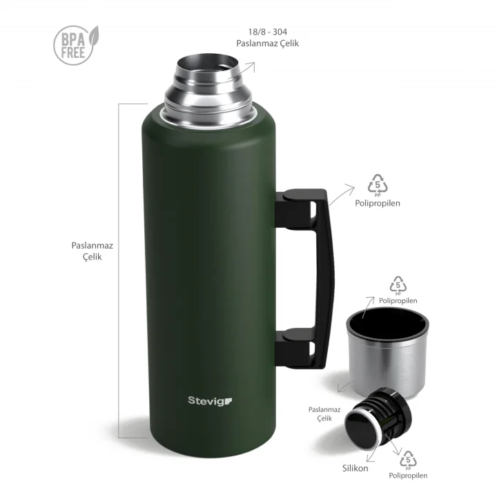 4 Camp Klasik Vakumlu Kulplu Çelik Termos 1.5 LT. Green ST-206