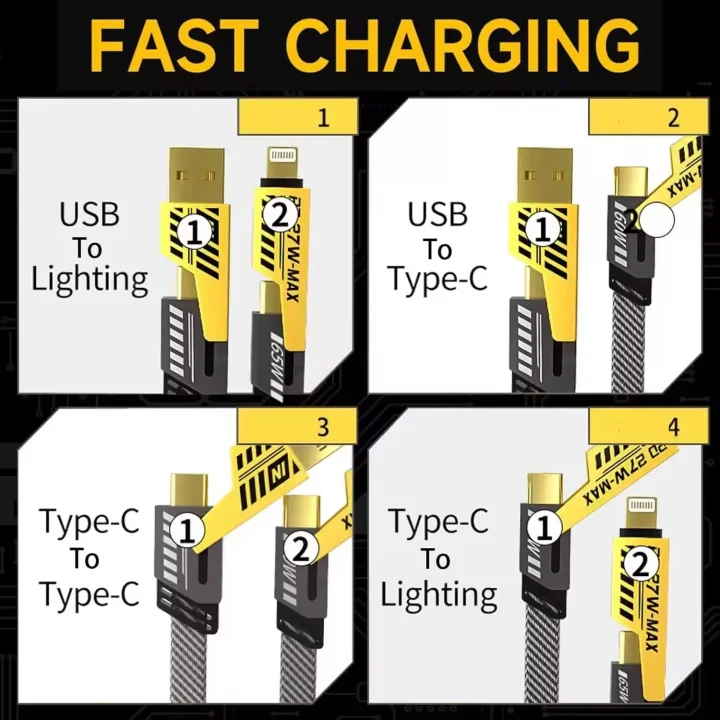 4 in 1 Çoklu USB Şarj Kablosu: 1M, Type C to Lightning Örgü Şarj Kablosu USB A/USB C 65W Tip C/27W PD Her Cihaz ile Uyumlu Metal Başlıklı
