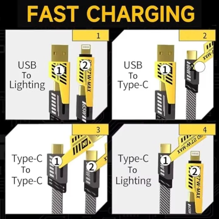 4 in 1 Çoklu USB Şarj Kablosu: 1M, Type C to Lightning Örgü Şarj Kablosu USB A/USB C 65W Tip C/27W PD Her Cihaz ile Uyumlu Metal Başlıklı