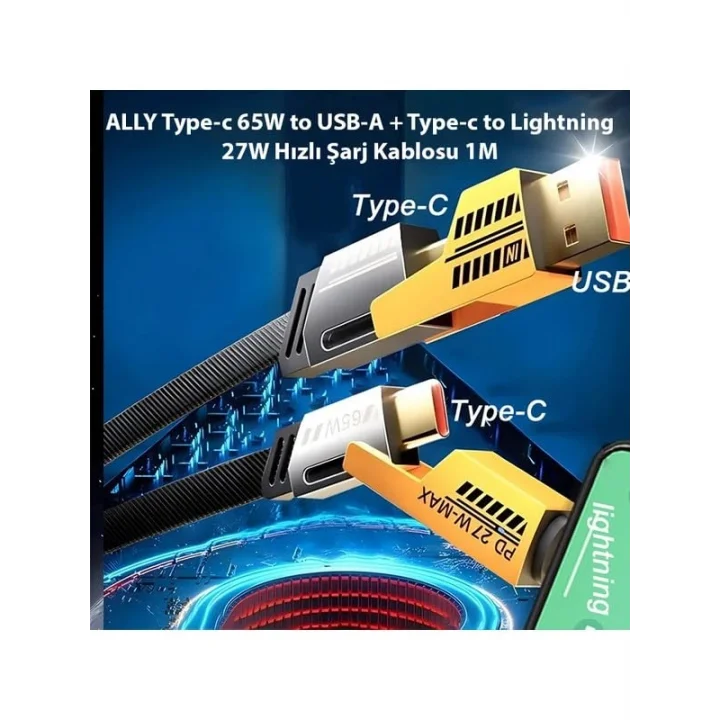 4-in-1 Usb-A Type-C To Lightning + Type-C 65w Hızlı Şarj Ve Data Kablosu (1,20mt)