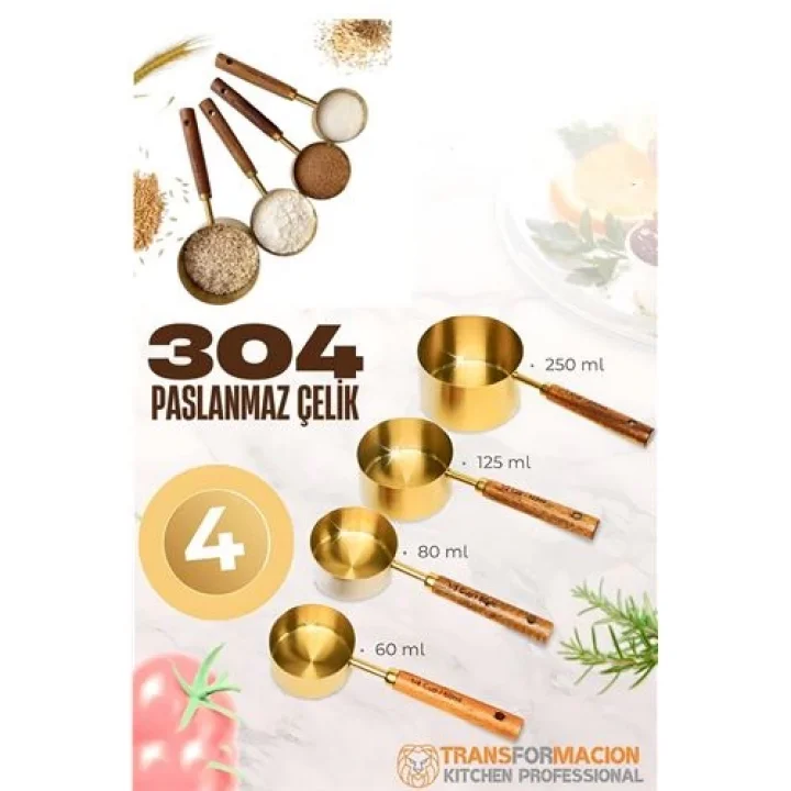 Mey İthalat® 4 lü Ölçü Kabı 304 Paslanmaz Çelik Masif Ahşap Saplı 721744