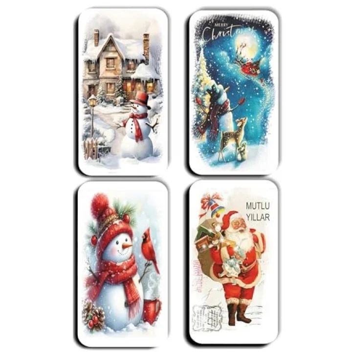 4 lü Simli Magnet Yılbaşı Yeniyıl Noel Bbaba Kardan Adam Çam Ağacı Manzara Hediye Magnetler (5,5 x 11 cm)