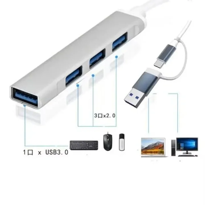 4 Port USB Çoklayıcı ve Type-C Adaptör – 2 in 1 Multi USB 3.0 Hub, MacBook Pro/Air ve Type-C Cihazlar ile Uyumlu, OTG Destekli USB Dönüştürücü