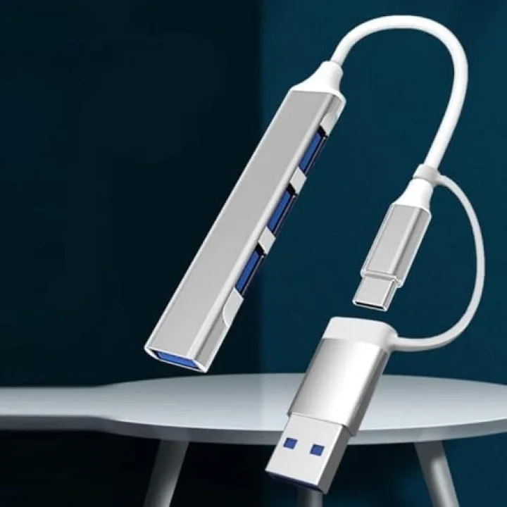 4 Port USB Çoklayıcı ve Type-C Adaptör – 2 in 1 Multi USB 3.0 Hub, MacBook Pro/Air ve Type-C Cihazlar ile Uyumlu, OTG Destekli USB Dönüştürücü