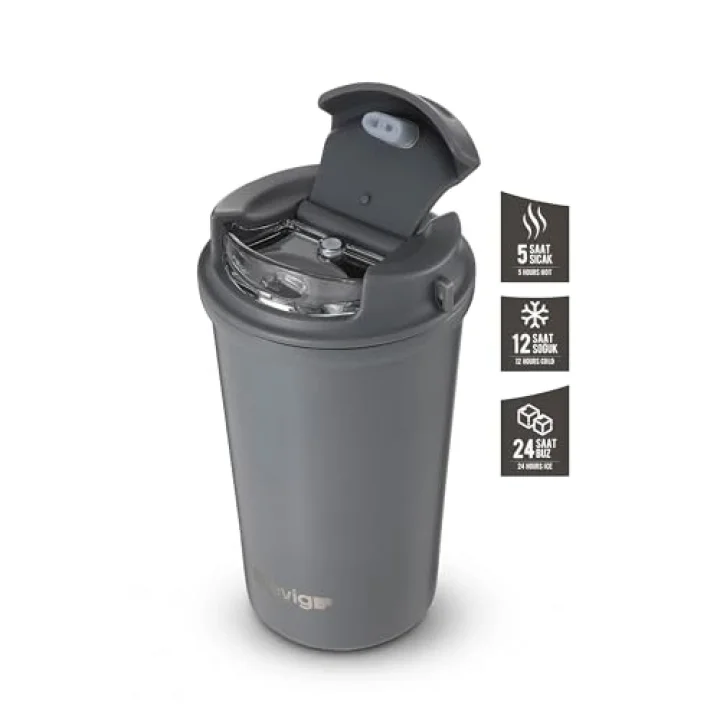 4 Work Flip Open Coffee Mug Çelik Termos 400 Mililitre Grey ST-251