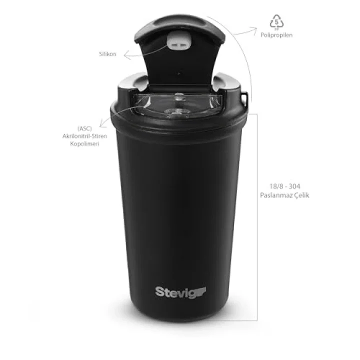 4 Work Flip Open Coffee Mug Çelik Termos 400 ML Black ST-250