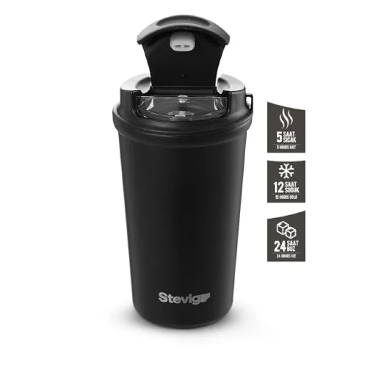 4 Work Flip Open Coffee Mug Çelik Termos 400 ML Black ST-250