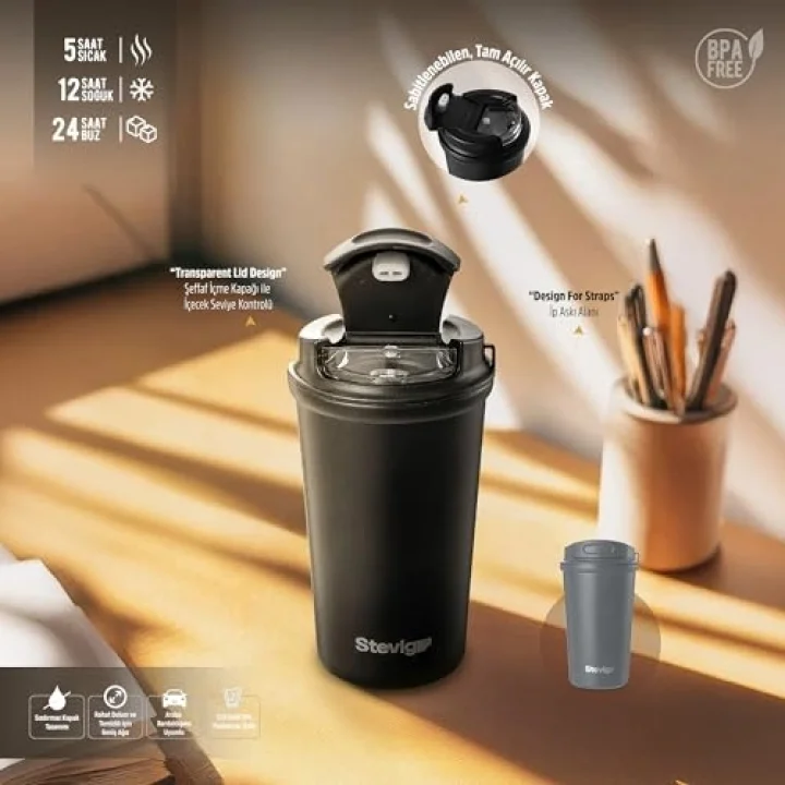 4 Work Flip Open Coffee Mug Çelik Termos 400 ML Black ST-250