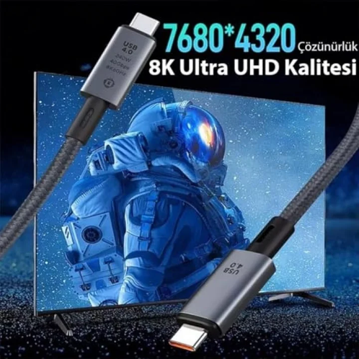 40Gbps 240W 4.0 Thunderbolt Type-C to Type-C Şarj, Data ve 8K 60Hz Görüntü Aktarım Kablosu Tip C 1.5 Metre ZR851