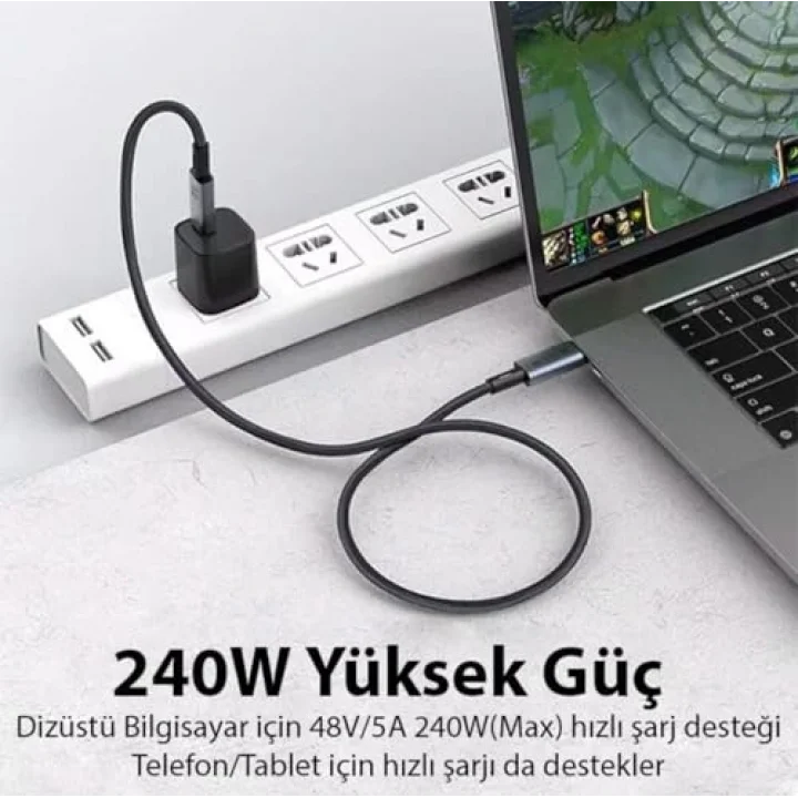 40Gbps 240W 4.0 Thunderbolt Type-C to Type-C Şarj, Data ve 8K 60Hz Görüntü Aktarım Kablosu Tip C 1.5 Metre ZR851