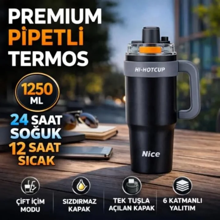 42 Oz 6 Katman Paslanmaz Çelik Termos 1250ML Çift İçim Modlu Pipetli Termos Çift Katman Çelik Termos Mug Siyah