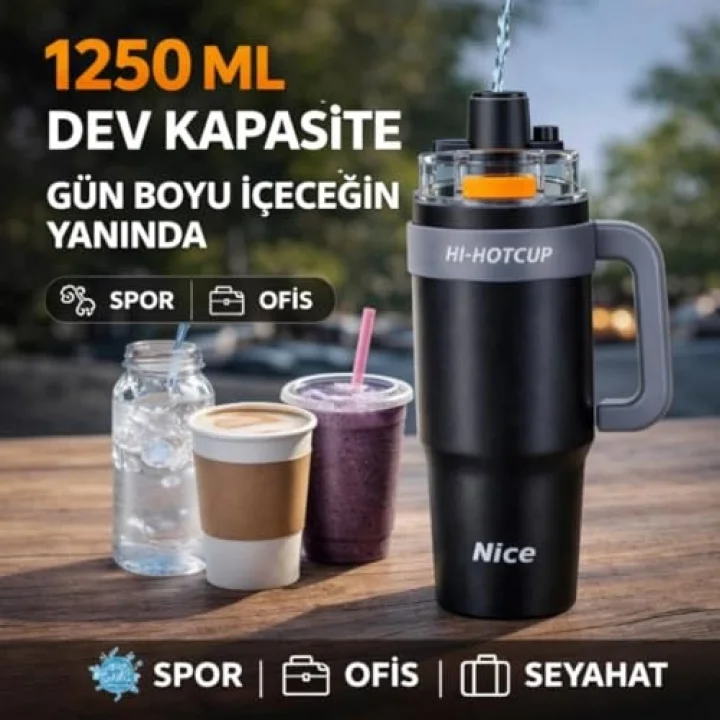 42 Oz 6 Katman Paslanmaz Çelik Termos 1250ML Çift İçim Modlu Pipetli Termos Çift Katman Çelik Termos Mug Siyah