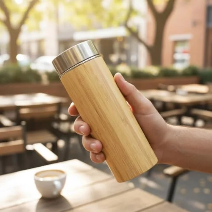 450 ml Bambu Kaplamalı Çelik Termos - Klasik Bardak Kapaklı Sıcak ve Soğuk Tutucu Seyahat Termosu